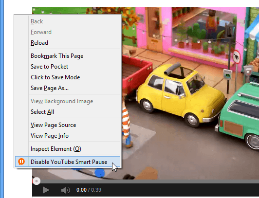Højreklik på aktivering-deaktiver YouTube Smart Pause