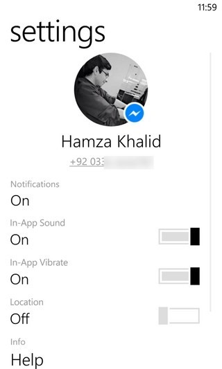 Ustawienia WP8 FB Messenger