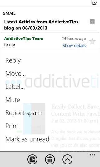 Gmail WP8 Posta Seçenekleri
