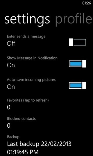 Configurações do WhatsApp WP8