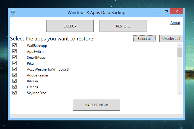 Windows 8 Aplicații Backup de date