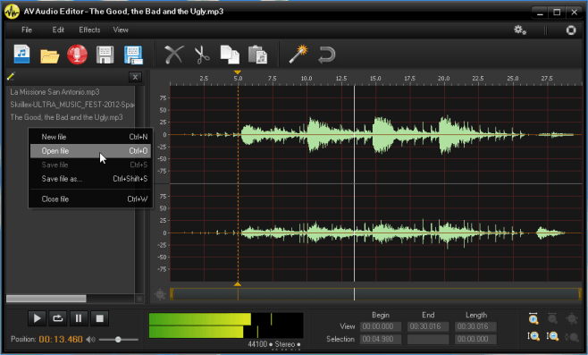 AV Audio Editor - interfaccia utente principale