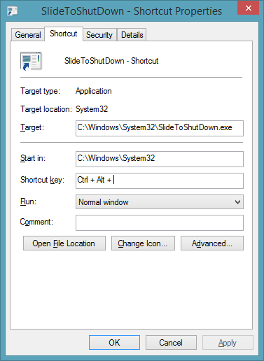 SlideToShutDown - Propriétés du raccourci