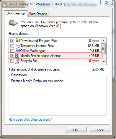 Option de nettoyage de disque Firefox