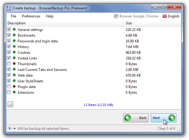 Maak back-up - BrowserBackup Pro (Freeware) - Items om te back-uppen