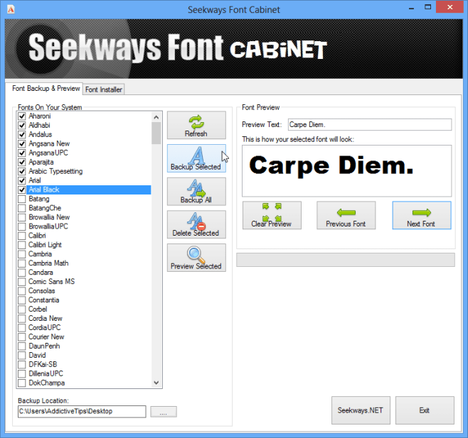 Seekways Font Cabinet kullanıcı arayüzü