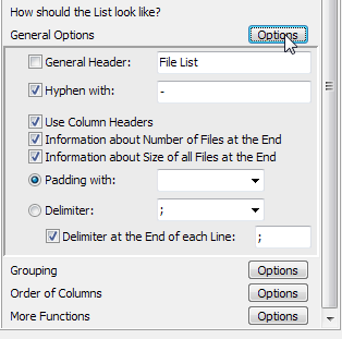 Filelist-oprettelse - Generelle indstillinger Filelist-oprettelse - Generelle indstillinger