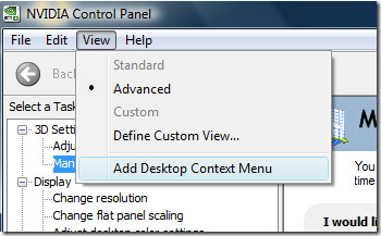 vista del panel de control de nvidia