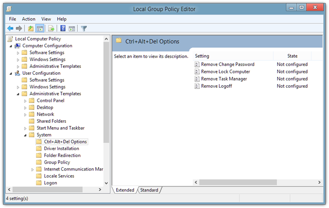 Éditeur de stratégie de groupe locale Ctrl Alt Suppr