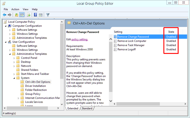 Options de l'éditeur de stratégie de groupe locale Ctrl Alt Del