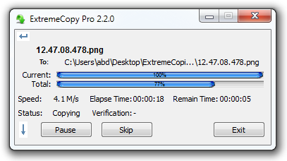 एक्सट्रीमकॉपी प्रोग्रेस विंडो