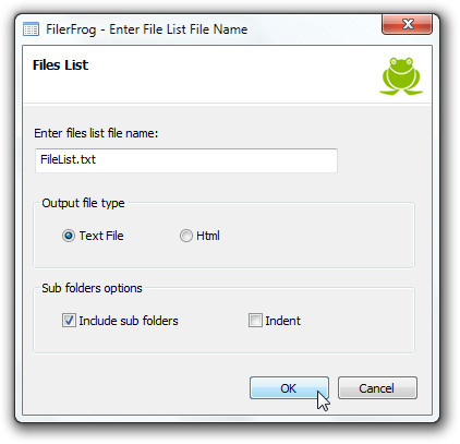 FilerFrog - Zadajte názov súboru zoznamu súborov