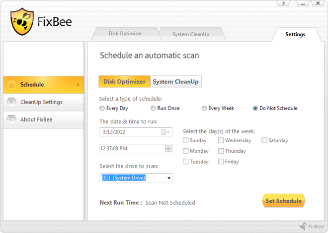 FixBee Disk Optimizer -asetukset