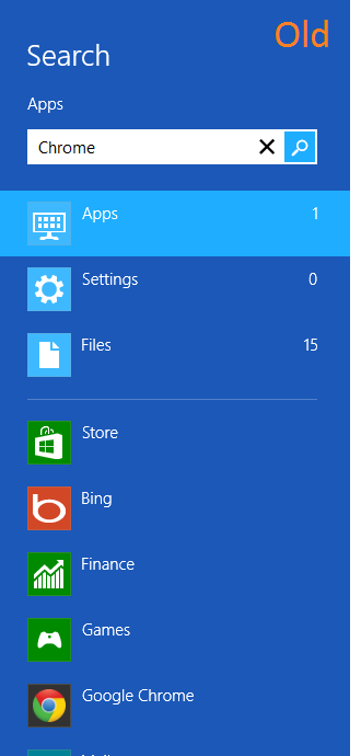 Windows 8.1 Smart Search - Sélectionnez le type Ancien