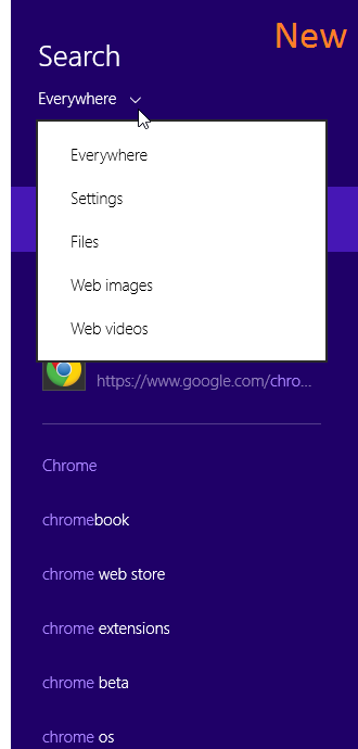 Windows 8.1 Smart Search - Sélectionnez un nouveau type