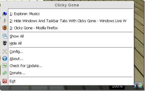 Clicky Goneシステムトレイメニュー Clicky Goneシステムトレイメニュー