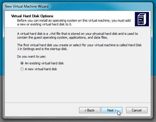 virtuell pc eksisterende harddisk