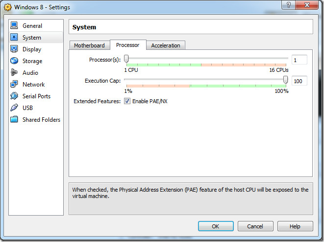 configurações do processador virtual