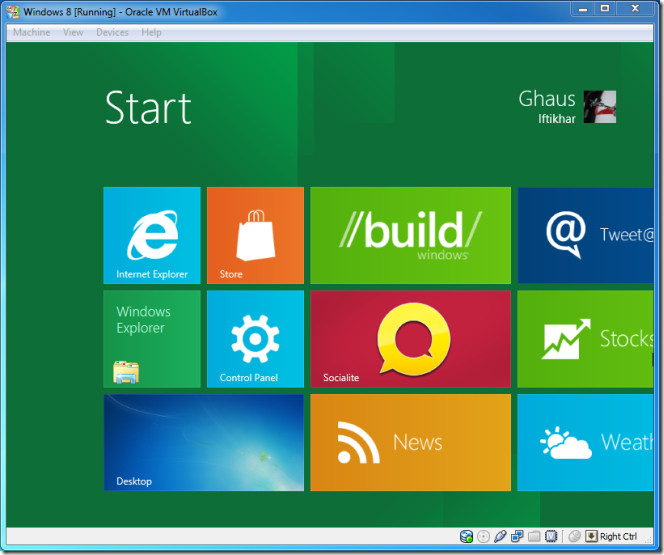 Windows 8 na caixa virtual