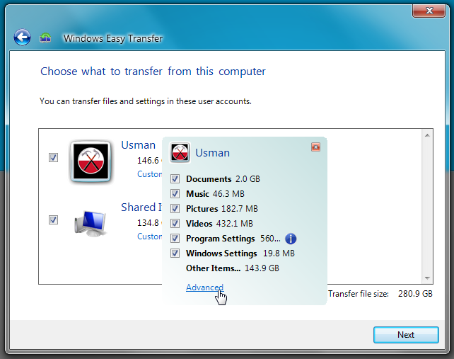 Windows avansa transfer facil