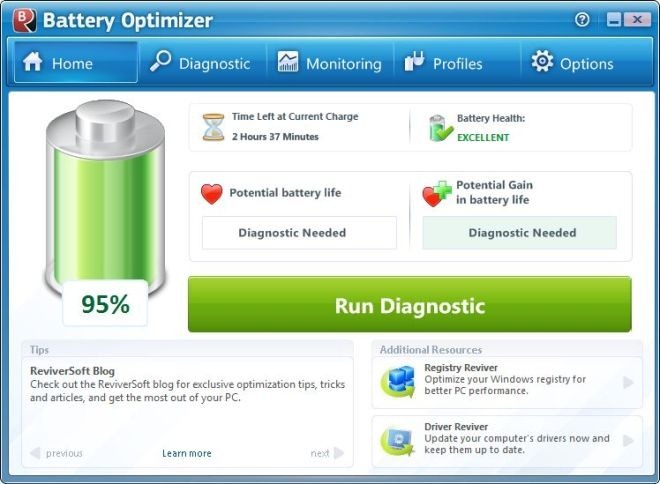 Hoofdvenster van Battery Optimizer