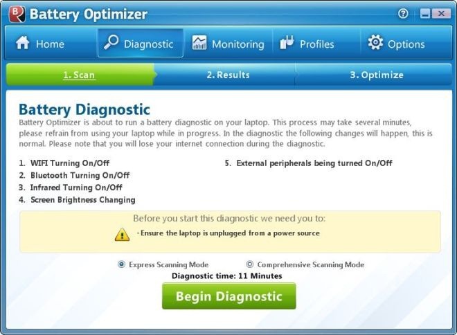 Battery Optimizer Hoofdvenster Diagnostiek