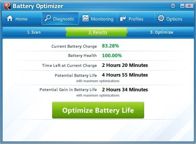 Resultaten hoofdvenster van Battery Optimizer