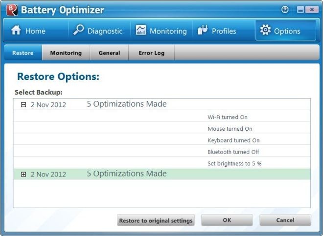 Battery Optimizer Hoofdvensteropties