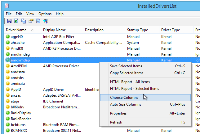 InstalledDriversList_Context เมนู