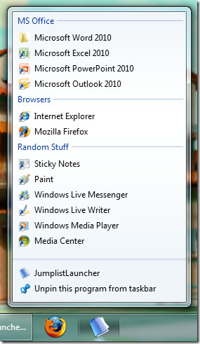 programele preferate de lansator jumplist în lista de salturi Windows 7
