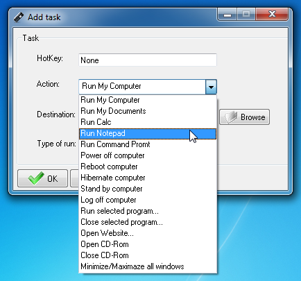 Gestionnaire de raccourcis clavier Ajouter une tâche