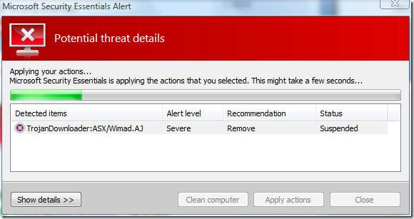 Microsoft Security Essentials-トロイの木馬を削除