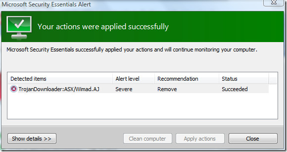 Microsoft Security Essentials-Clean Trojan