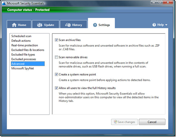 Microsoft Security Essentials-詳細設定