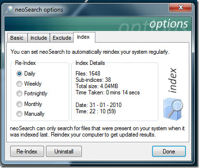 neoSearch indekseringsalternativer