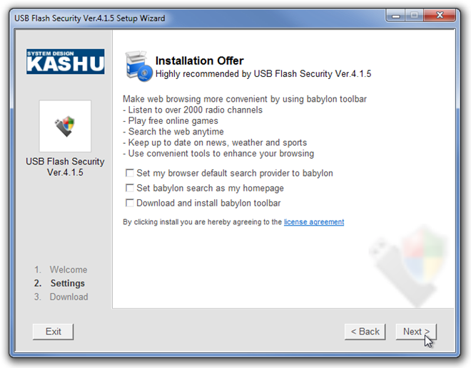 USB „Flash Security“ versijos 4.1.5 sąrankos vedlys