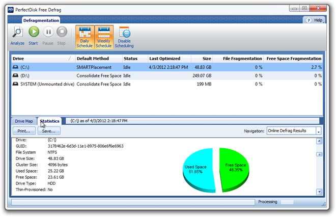 PerfectDisk Free Defrag statistikk