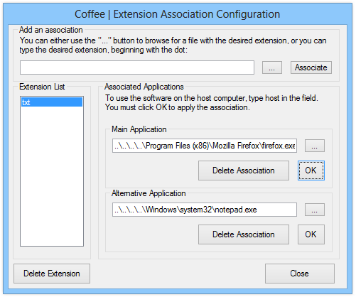 Konfiguration der Coffee Extension Association