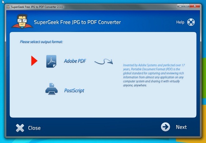 SuperGeek zadarmo JPG do formátu PDF Converter