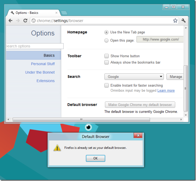 デフォルトのブラウザーFirefoxおよびChrome