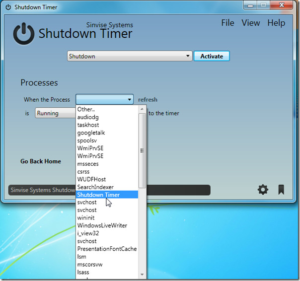 shutdown timer processi