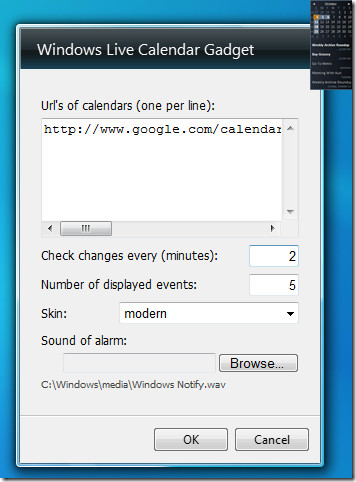 Gadgetopties voor Windows Live Calendar