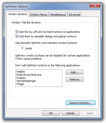 خيارات SplitView أزرار ويندوز