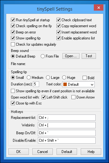 tinySpell Settings