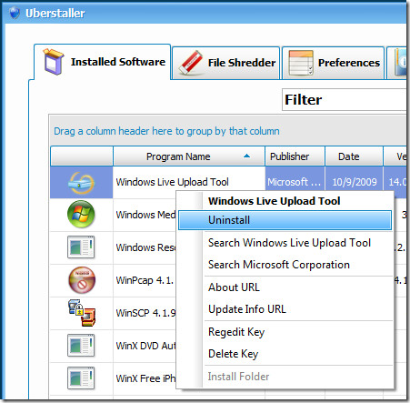 Uberstaller contextmenu