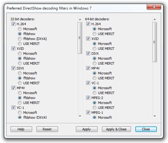 Preferované DirectShow dekódovacie filtre vo Windows 7