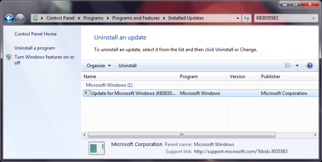 KB3035583 - إلغاء التثبيت