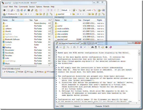 edición del archivo de configuración de apache